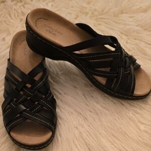 Clarks Black Woven Leather Slides